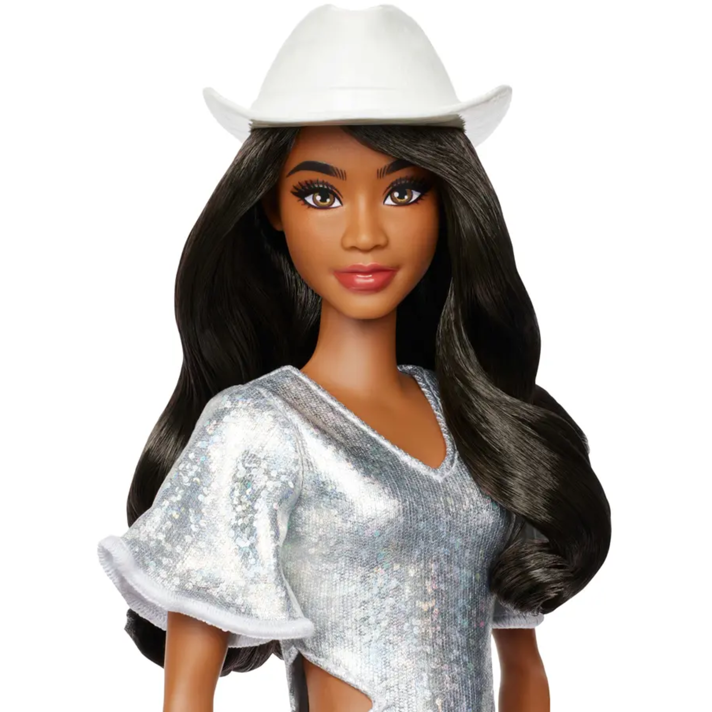 Barbie Fashionistas-Puppe Nr. 239 in funkelndem silbernen Kleid mit Cowboyhut und Stiefeln, schwarze Haare