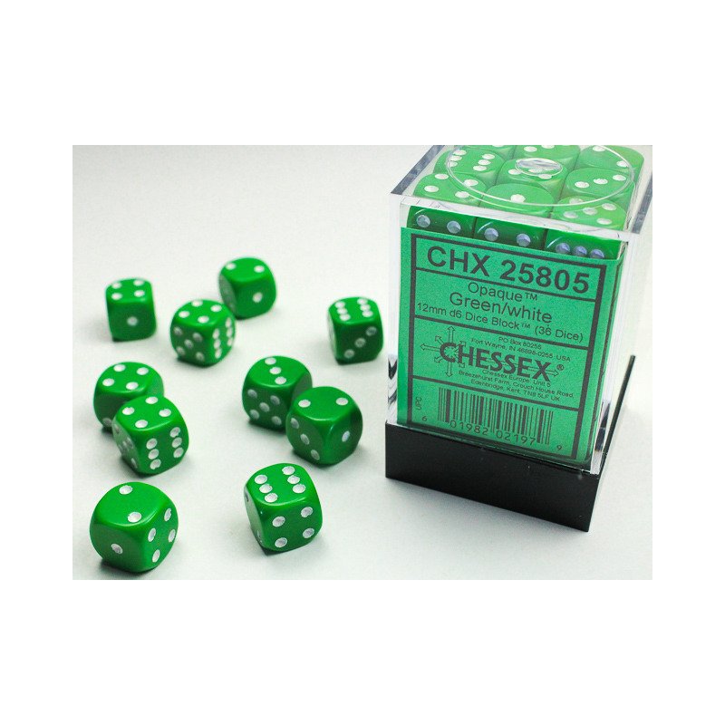 Chessex - 36er Box Würfel - Opaque Green/white 12mm D6 Dice Block (36 dice)