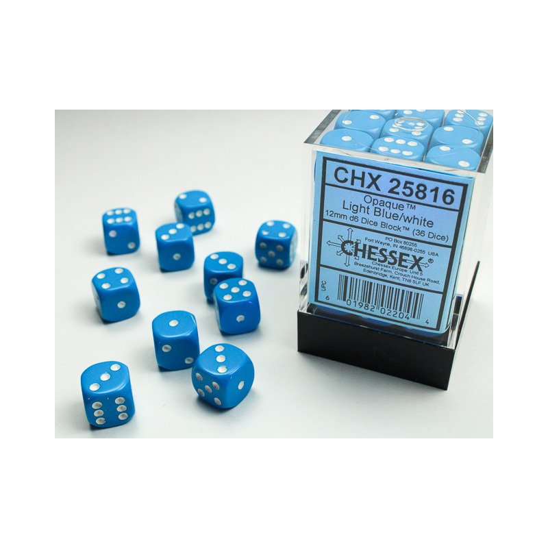 Chessex - 36er Box Würfel - Opaque Light Blue/white 12mm D6 Dice Block (36 dice)