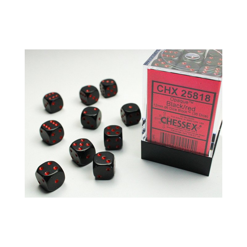 Chessex - 36er Box Würfel - Opaque Black/red Luminary 12mm D6 Dice Block (36 dice)