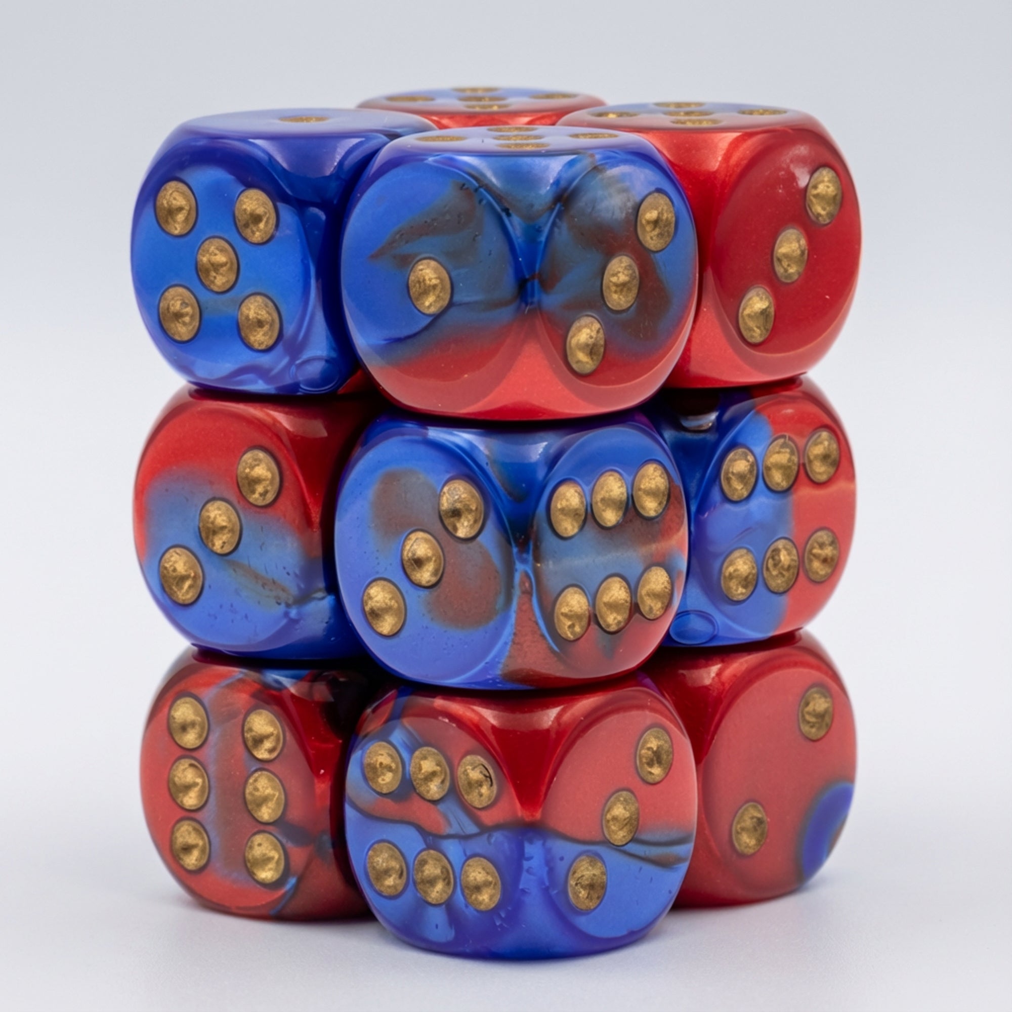 Chessex - 12er Box Würfel - Gemini Blue-Red/gold 16mm D6 Dice Block (12 dice)