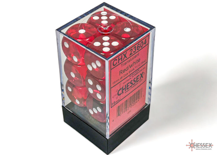 Chessex - 12er Box Würfel - Translucent Red/white 16mm D6 Dice Block (12 dice)