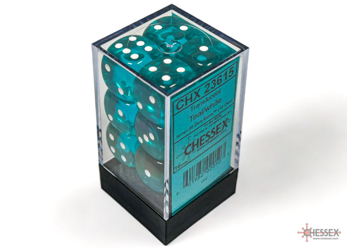 Chessex - 12er Box Würfel - Translucent Teal/white 16mm D6 Dice Block (12 dice)