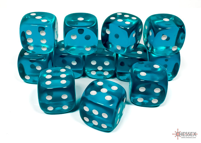 Chessex - 12er Box Würfel - Translucent Teal/white 16mm D6 Dice Block (12 dice)