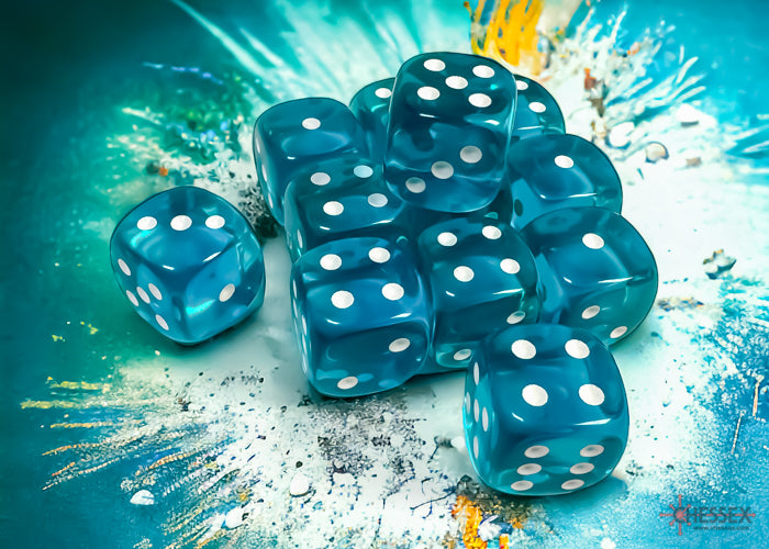 Chessex - 12er Box Würfel - Translucent Teal/white 16mm D6 Dice Block (12 dice)