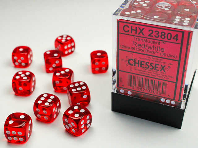 Chessex - 36er Box Würfel - Translucent Red/white 12mm D6 Dice Block (36 dice)