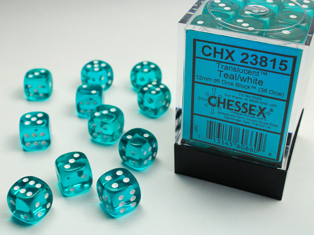 Chessex - 36er Box Würfel - Translucent Teal/white 12mm D6 Dice Block (36 dice)