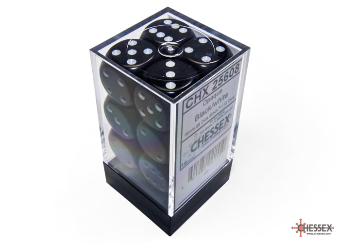 Chessex - 12er Box Würfel - Opaque Black/white 16mm D6 Dice Block (12 dice)