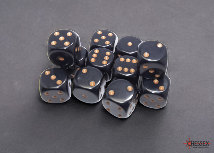 Chessex - 12er Box Würfel - Opaque Black/gold 16mm D6 Dice Block (12 dice)