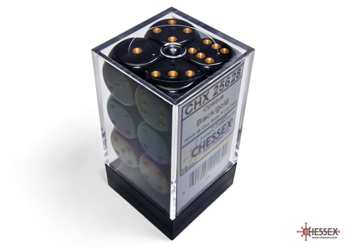 Chessex - 12er Box Würfel - Opaque Black/gold 16mm D6 Dice Block (12 dice)