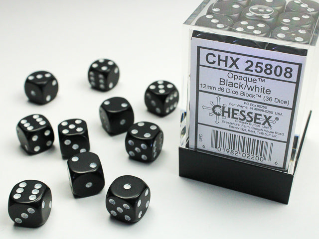 Chessex - 36er Box Würfel - Opaque Black/white 12mm D6 Dice Block (36 dice)