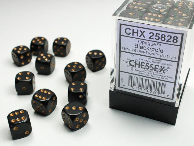 Chessex - 36er Box Würfel - Opaque Black/gold 12mm D6 Dice Block (36 dice)
