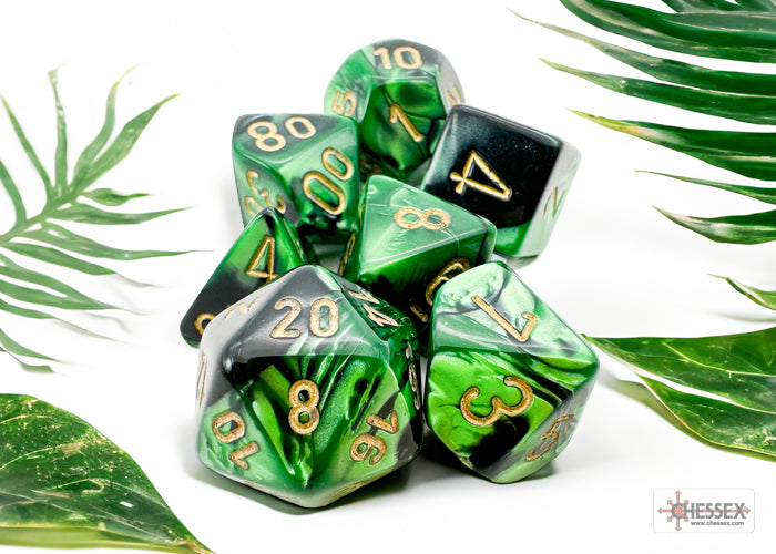 Chessex - 7er Set Würfel - Gemini Black-Green/gold Polyhedral 7-Dice Set