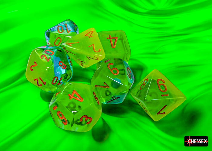Chessex - 7er Set Würfel - Gemini Plasma Green-Teal/orange Luminary Polyhedral 7-Dice Set
