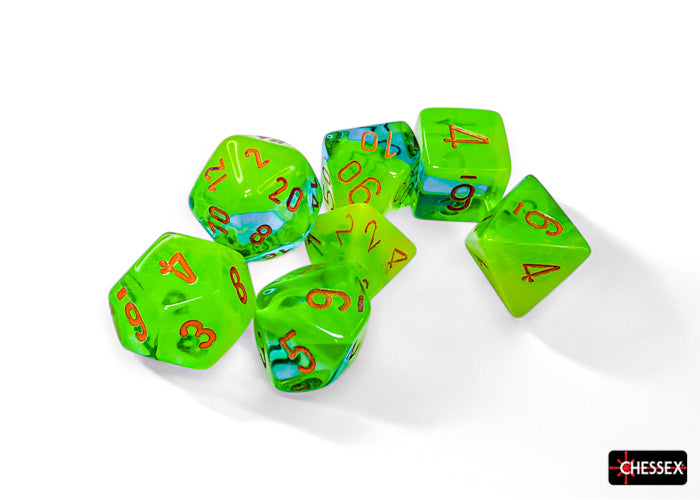 Chessex - 7er Set Würfel - Gemini Plasma Green-Teal/orange Luminary Polyhedral 7-Dice Set