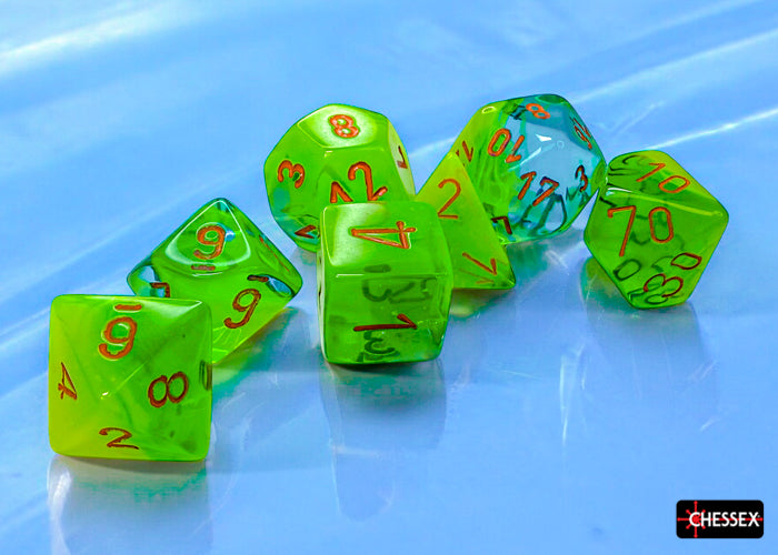 Chessex - 7er Set Würfel - Gemini Plasma Green-Teal/orange Luminary Polyhedral 7-Dice Set