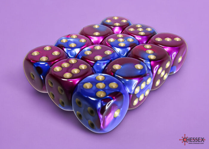 Chessex - 12er Box Würfel - Gemini Blue-Purple/gold 16mm D6 Dice Block (12 dice)