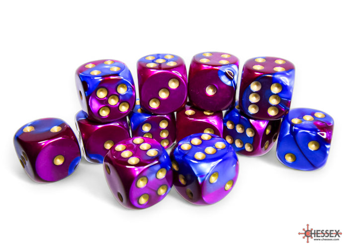 Chessex - 12er Box Würfel - Gemini Blue-Purple/gold 16mm D6 Dice Block (12 dice)