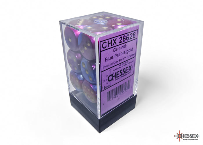 Chessex - 12er Box Würfel - Gemini Blue-Purple/gold 16mm D6 Dice Block (12 dice)