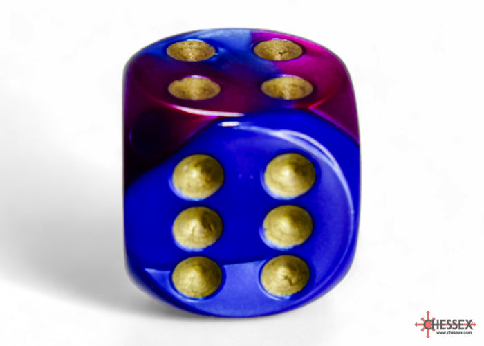 Chessex - 12er Box Würfel - Gemini Blue-Purple/gold 16mm D6 Dice Block (12 dice)