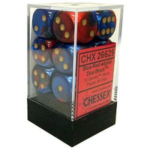 Chessex - 12er Box Würfel - Gemini Blue-Red/gold 16mm D6 Dice Block (12 dice)