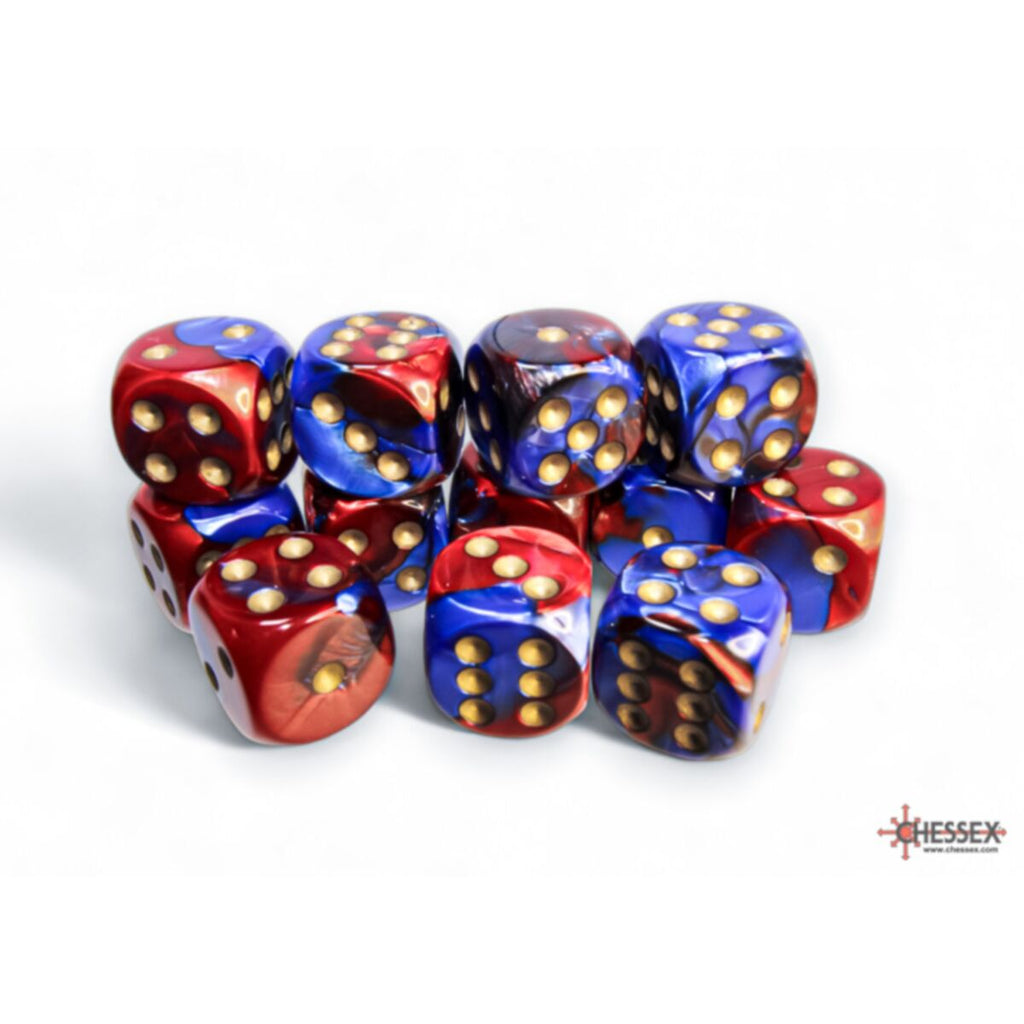Chessex - 12er Box Würfel - Gemini Blue-Red/gold 16mm D6 Dice Block (12 dice)