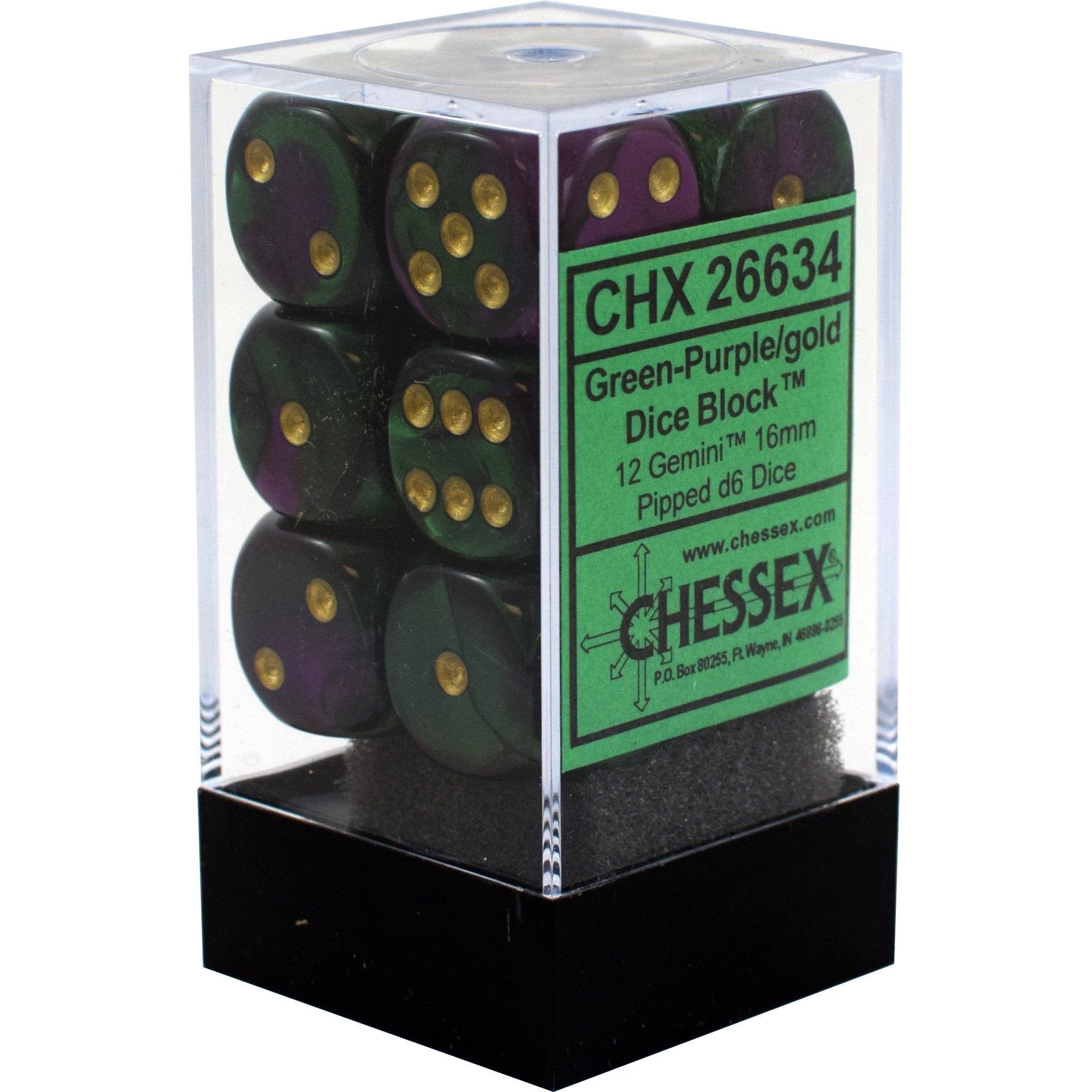 Chessex - 12er Box Würfel - Gemini Green-Purple/gold 16mm D6 Dice Block (12 dice)