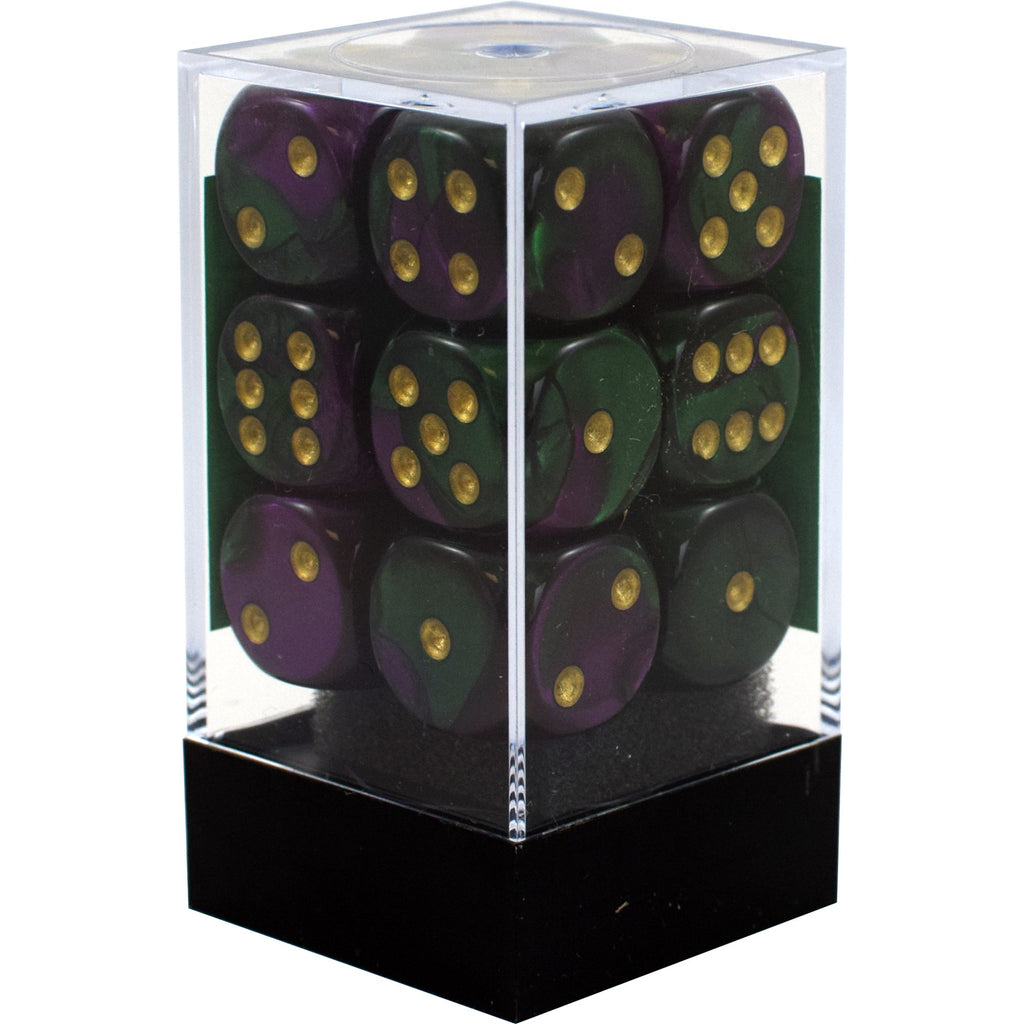 Chessex - 12er Box Würfel - Gemini Green-Purple/gold 16mm D6 Dice Block (12 dice)