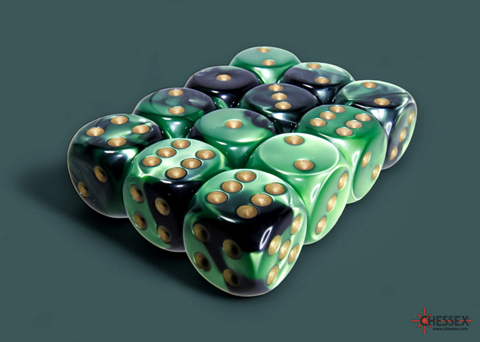 Chessex - 12er Box Würfel - Gemini Black-Green/gold 16mm D6 Dice Block (12 dice)