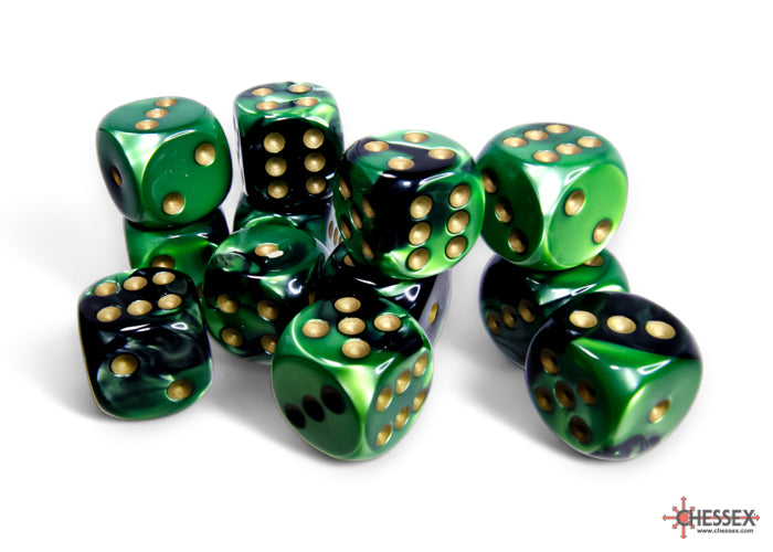 Chessex - 12er Box Würfel - Gemini Black-Green/gold 16mm D6 Dice Block (12 dice)