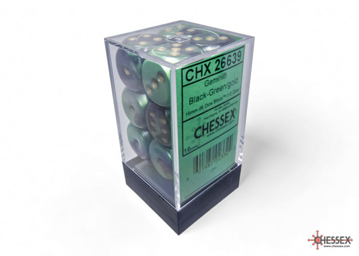 Chessex - 12er Box Würfel - Gemini Black-Green/gold 16mm D6 Dice Block (12 dice)