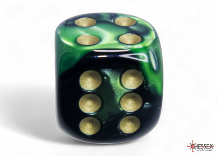 Chessex - 12er Box Würfel - Gemini Black-Green/gold 16mm D6 Dice Block (12 dice)