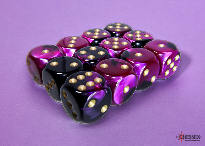 Chessex - 12er Box Würfel - Gemini Black-Purple/gold 16mm D6 Dice Block (12 dice)