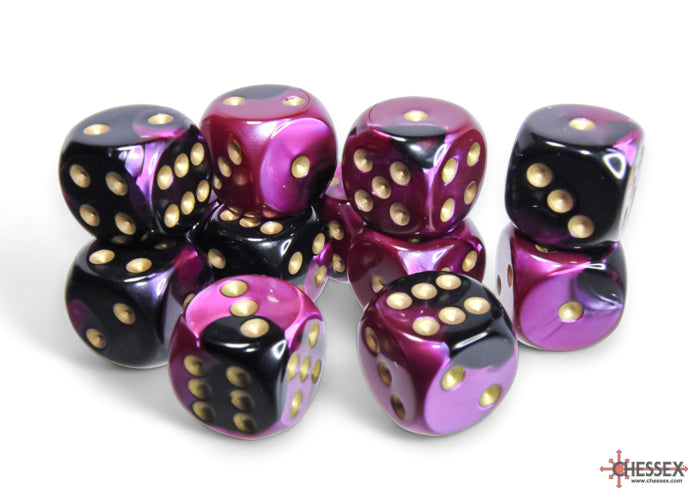 Chessex - 12er Box Würfel - Gemini Black-Purple/gold 16mm D6 Dice Block (12 dice)