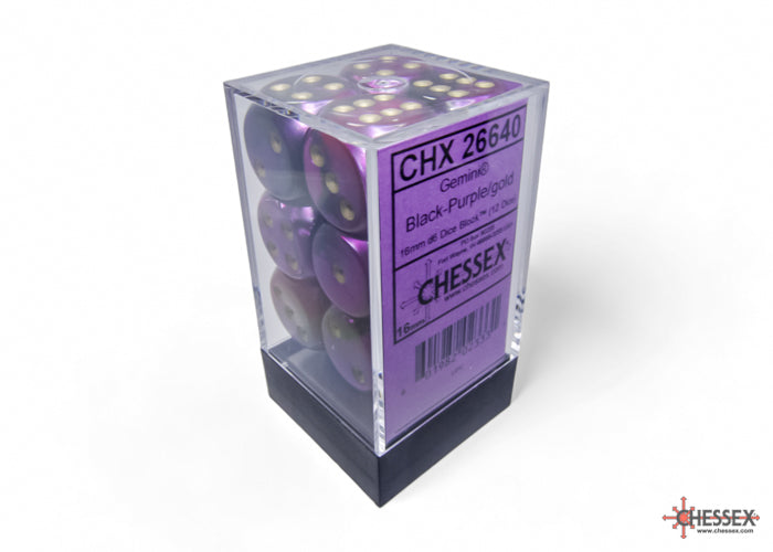 Chessex - 12er Box Würfel - Gemini Black-Purple/gold 16mm D6 Dice Block (12 dice)