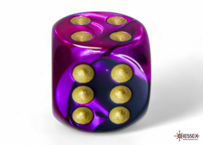 Chessex - 12er Box Würfel - Gemini Black-Purple/gold 16mm D6 Dice Block (12 dice)