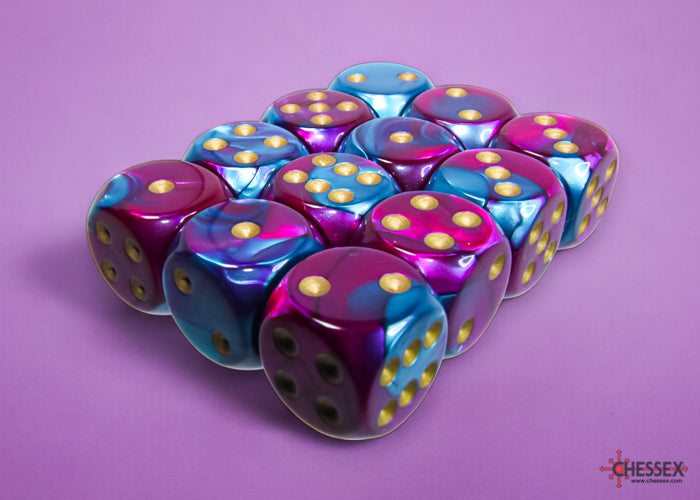 Chessex - 12er Box Würfel - Gemini Purple-Teal/gold 16mm D6 Dice Block (12 dice)