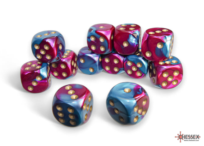 Chessex - 12er Box Würfel - Gemini Purple-Teal/gold 16mm D6 Dice Block (12 dice)
