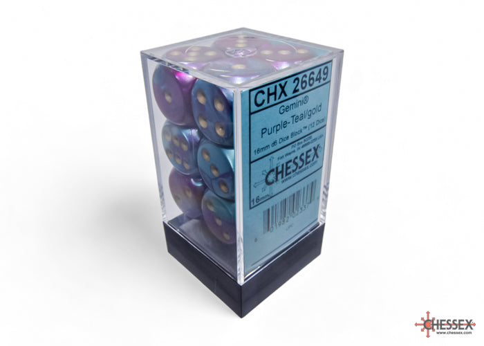Chessex - 12er Box Würfel - Gemini Purple-Teal/gold 16mm D6 Dice Block (12 dice)