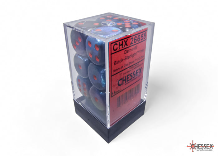 Chessex - 12er Box Würfel - Gemini Black-Starlight/red 16mm D6 Dice Block (12 dice)