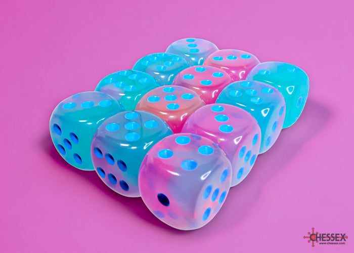 Chessex - 12er Box Würfel - Gemini Gel Green-Pink/blue Luminary 16mm D6 Dice Block (12 dice)