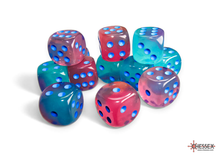 Chessex - 12er Box Würfel - Gemini Gel Green-Pink/blue Luminary 16mm D6 Dice Block (12 dice)