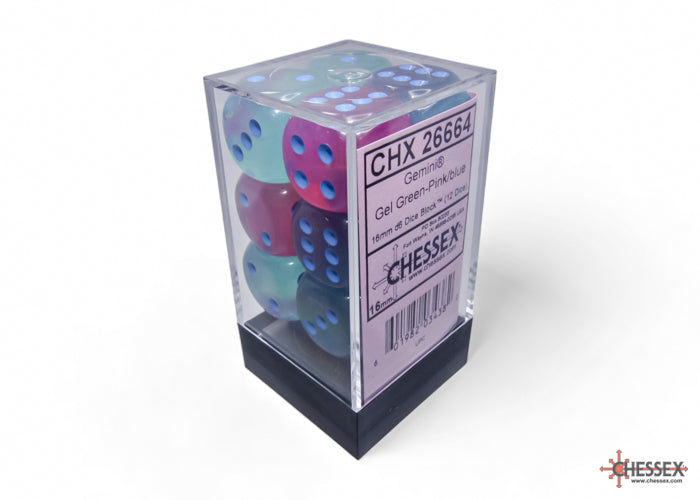 Chessex - 12er Box Würfel - Gemini Gel Green-Pink/blue Luminary 16mm D6 Dice Block (12 dice)