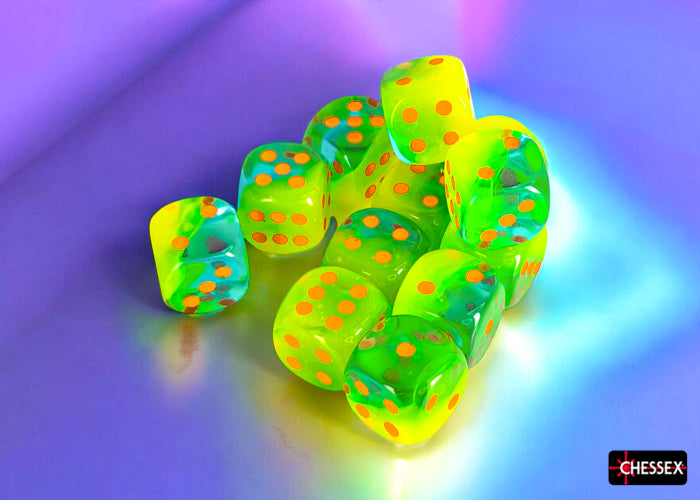 Chessex - 12er Box Würfel - Gemini Plasma Green-Teal/orange Luminary 16mm D6 Dice Block (12 dice)