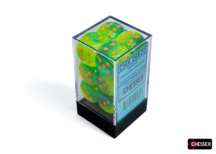 Chessex - 12er Box Würfel - Gemini Plasma Green-Teal/orange Luminary 16mm D6 Dice Block (12 dice)