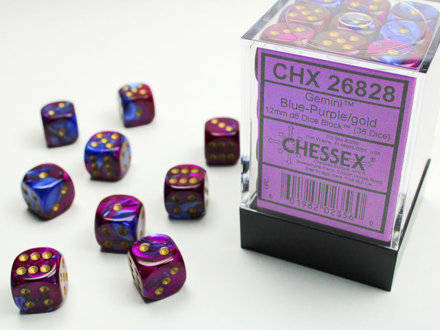 Chessex - 36er Box Würfel - Gemini Blue-Purple/gold 12mm D6 Dice Block (36 dice)