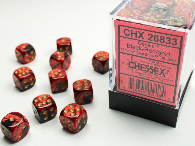 Chessex - 36er Box Würfel - Gemini Black-Red/gold 12mm D6 Dice Block (36 dice)