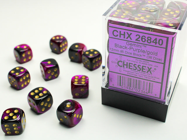 Chessex - 36er Box Würfel - Gemini Black-Purple/gold 12mm D6 Dice Block (36 dice)
