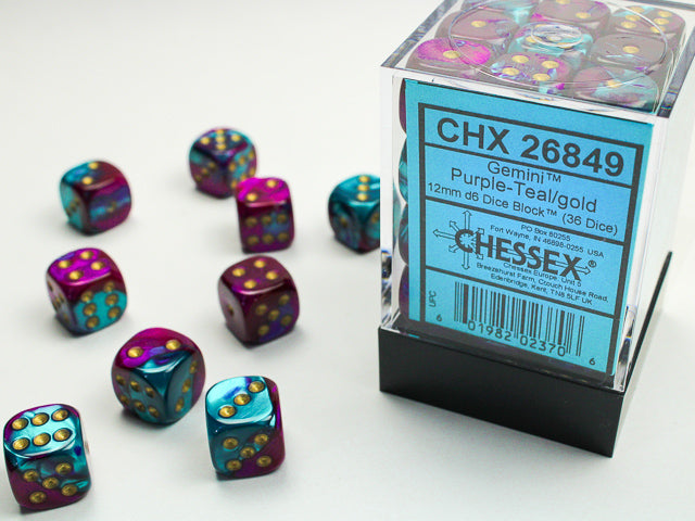 Chessex - 36er Box Würfel - Gemini Purple-Teal/gold 12mm D6 Dice Block (36 dice)