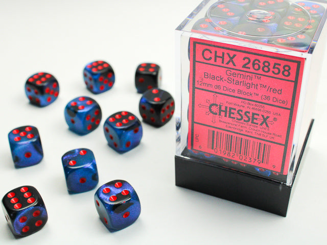 Chessex - 36er Box Würfel - Gemini Black-Starlight/red 12mm D6 Dice Block (36 dice)
